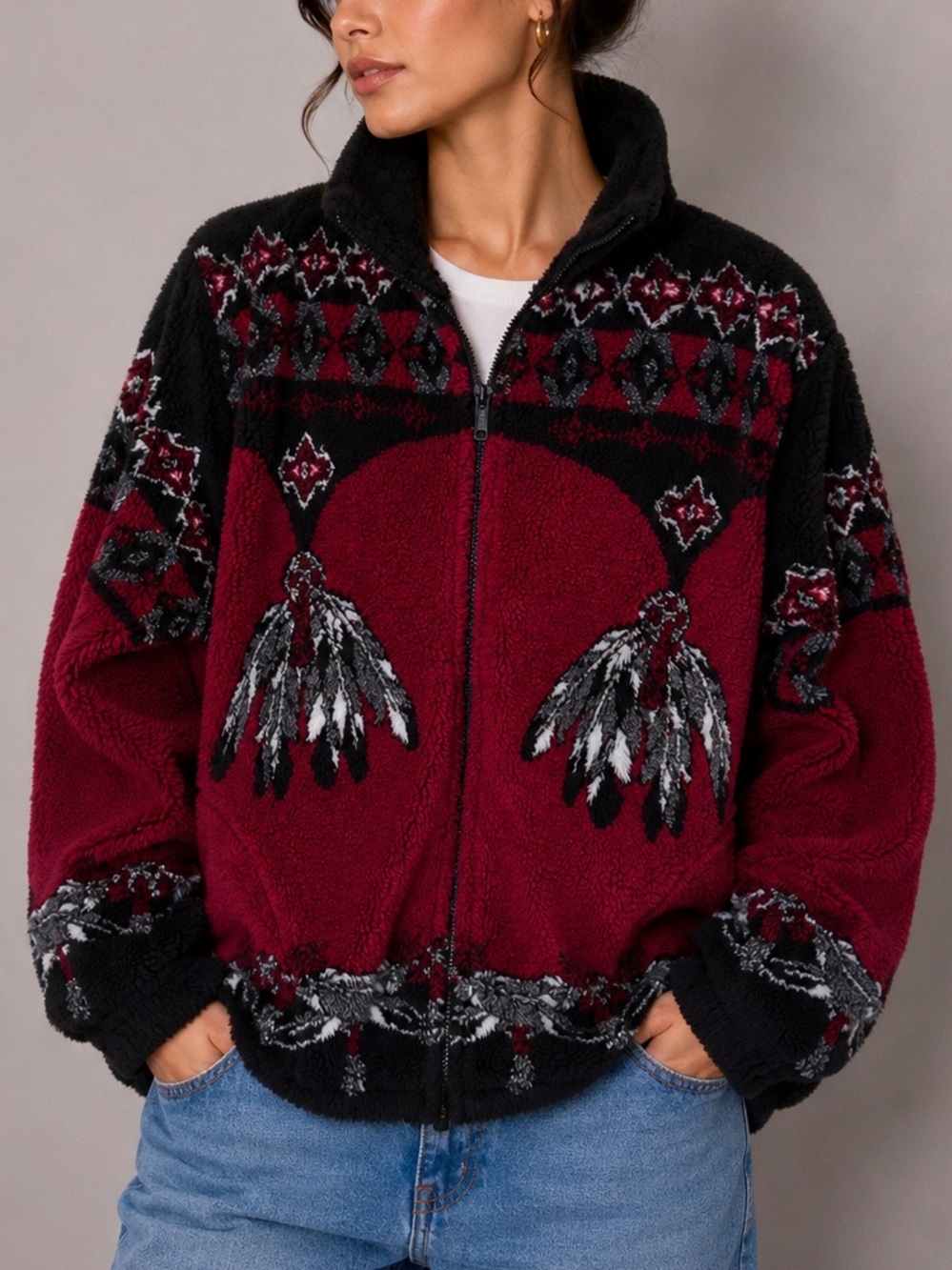 Vintage Fleece Sweater Jacket Dreamcatcher Aztec Zip Up Jacket Sherpa Burgundy